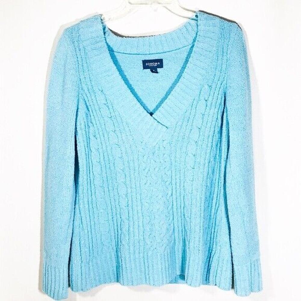 Sonoma Aqua Oversize Cable Knit Super Soft V Neck Sweater Small Hip Length EUC
